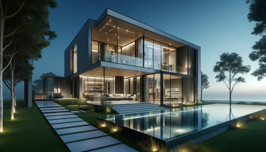 Modern luxury custom home with sleek design, floor-to-ceiling glass windows, and an outdoor infinity pool