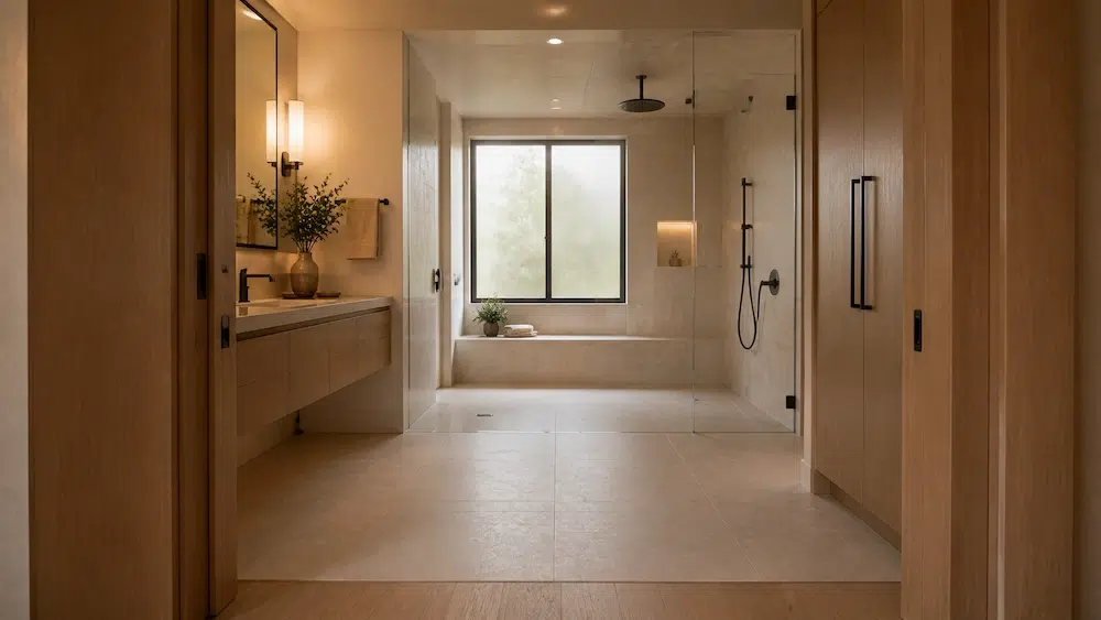 Accessible luxury bathroom in a Toronto custom home with a curbless shower and wide clear circulation