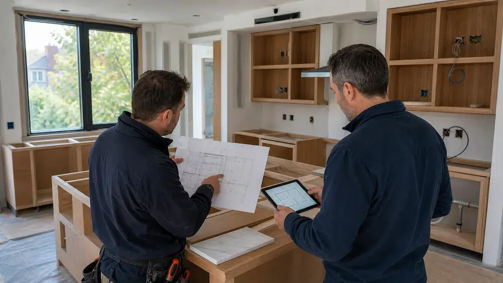 Construction team reviewing a custom kitchen design change in an Ontario home