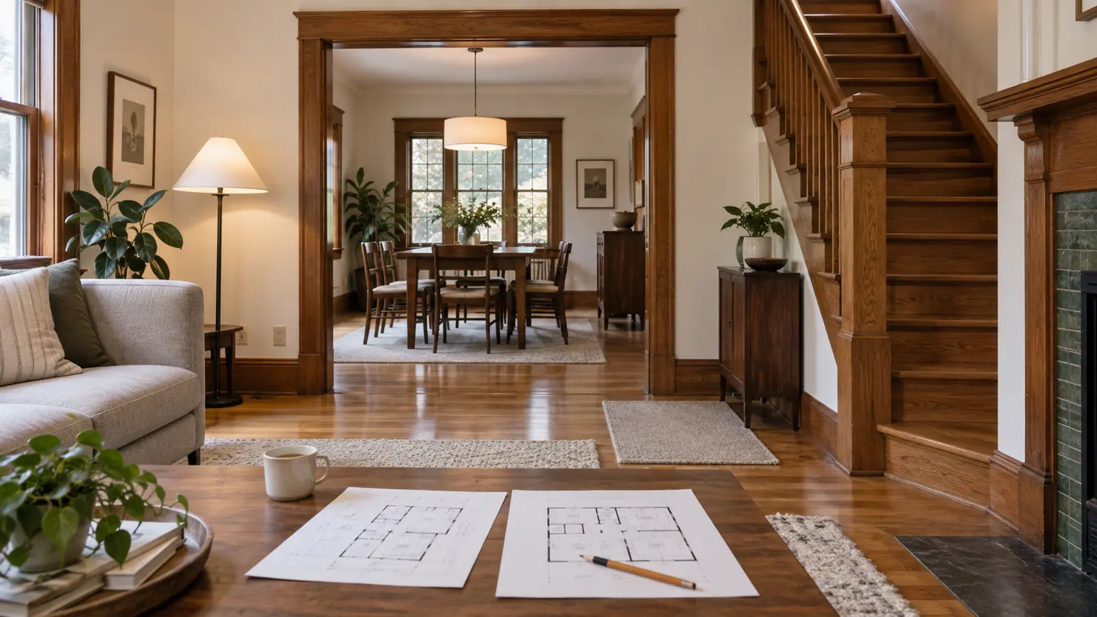 Existing staircase and rooms beside renovation concept plans