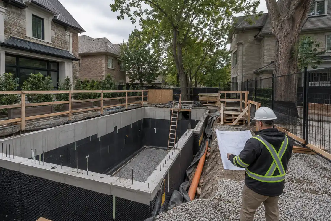 Toronto infill home foundation with organized site risk planning
