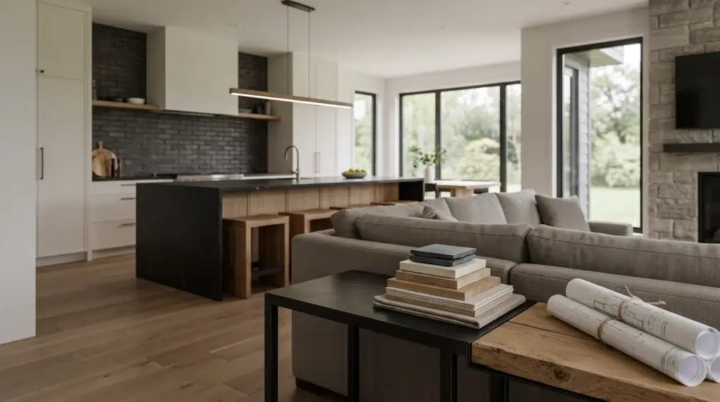 Contemporary custom home interior with material samples and plans