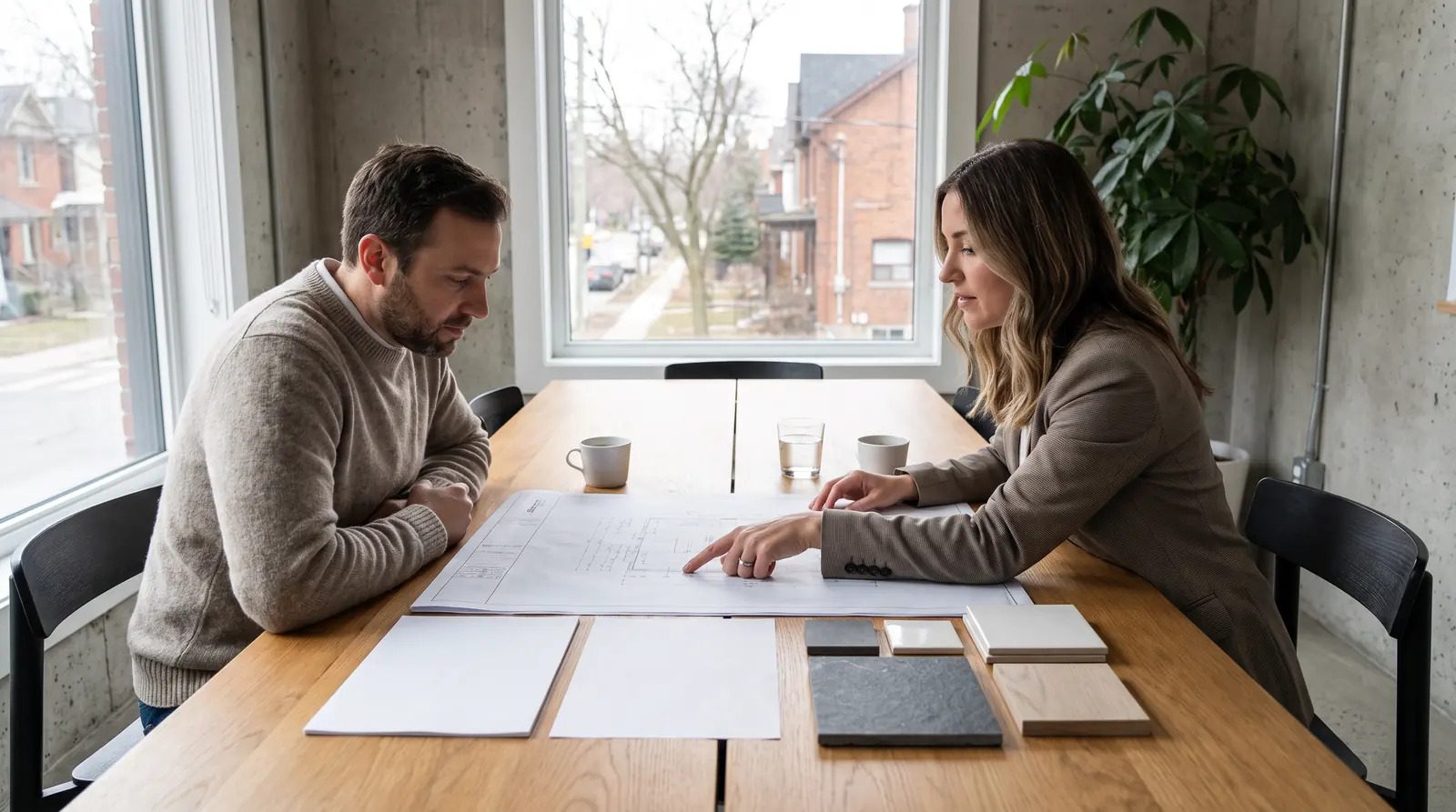 Homeowner and designer reviewing specifications for a custom home selections schedule