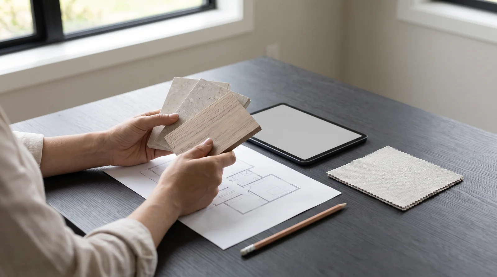 Homeowner organizing home selection samples and plans