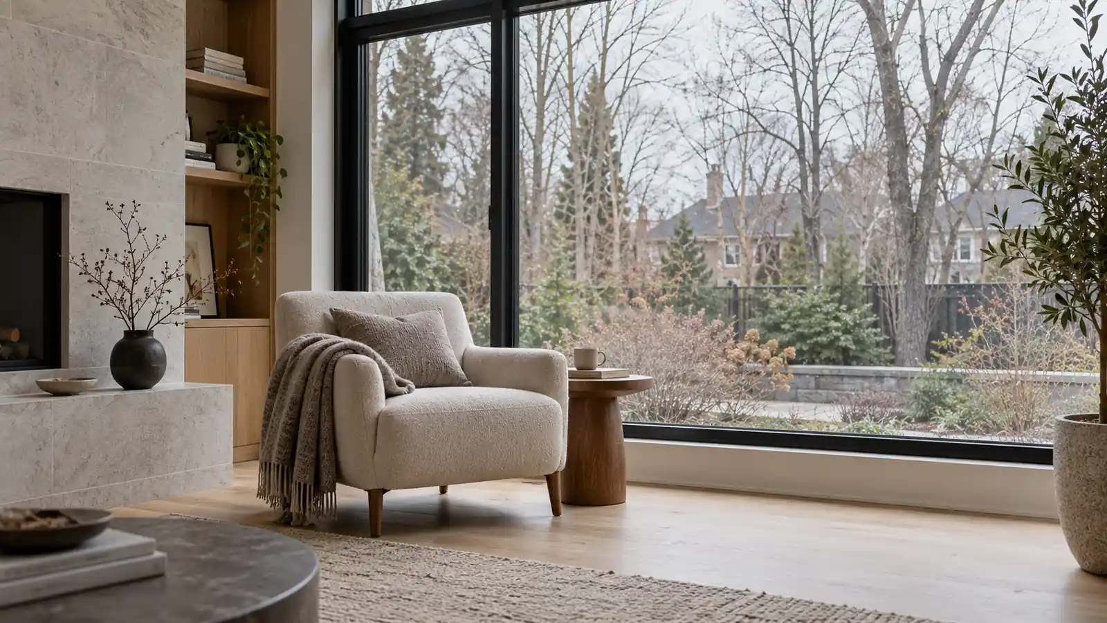 Reading chair beside large windows in a shaded room concept