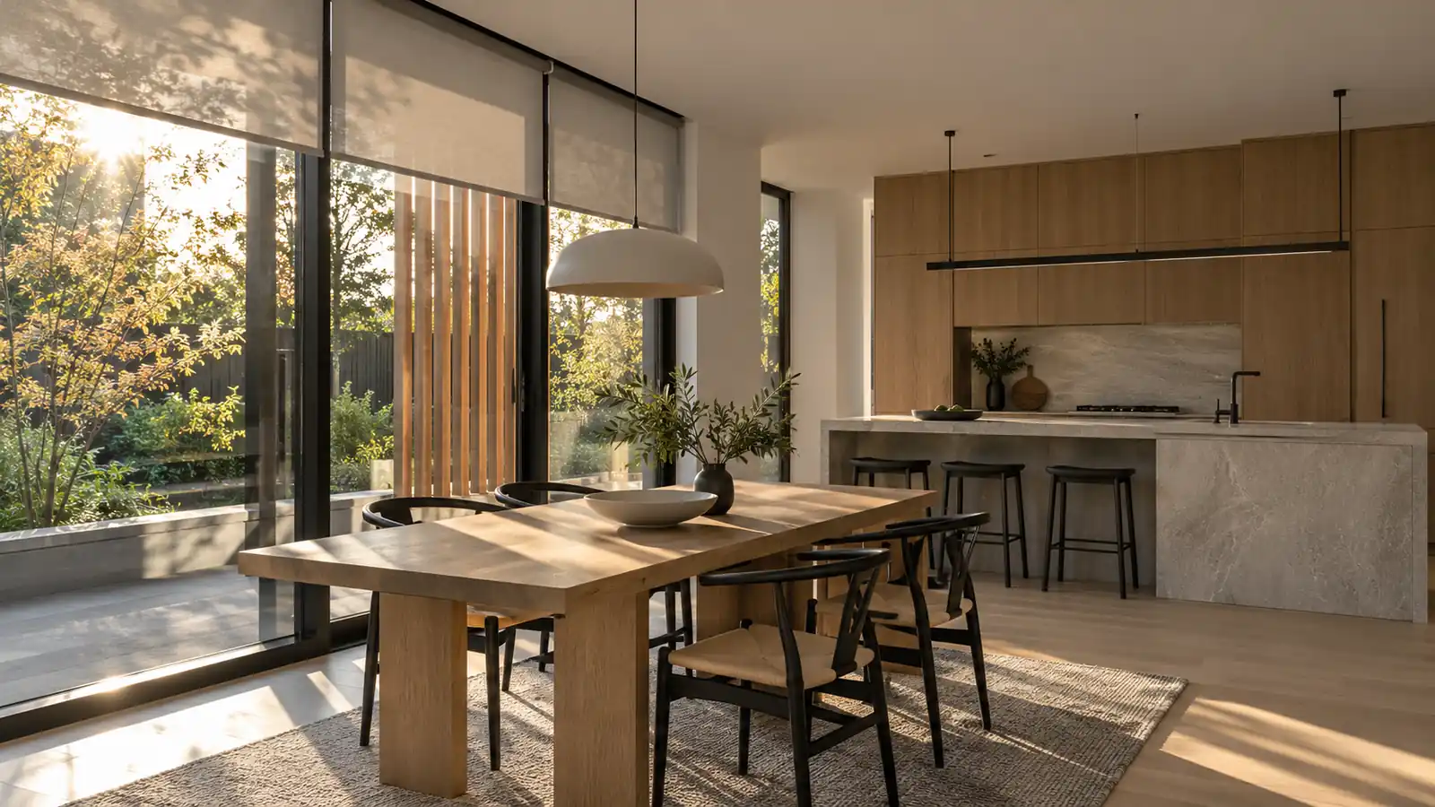Sunlit dining room concept with window shades and exterior fins